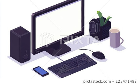 computer and office supplies on a white 125471482