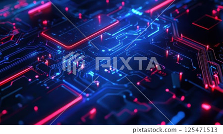 Circuit Board Shows Futuristic Technology with Neon Lights and Digital Signals. Circuit Board Shows Futuristic Technology with Neon Lights and Digital Signals. 125471513