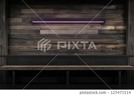 Empty Bench Sits Below Pink Light Fixture Against Rustic Wood Wall with Dark Interior Design Themes Empty Bench Sits Below Pink Light Fixture Against Rustic Wood Wall with Dark Interior Design Themes 125471514
