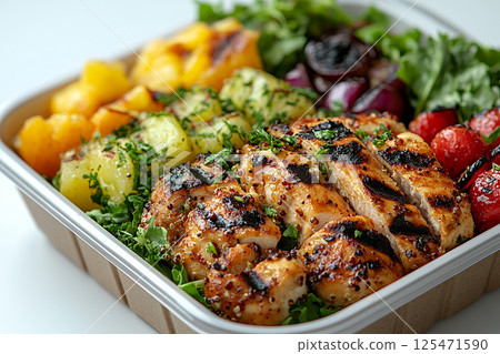 Packed office lunch box with quinoa salad, grilled chicken, mixed greens and fruit. Packed office lunch box with quinoa salad, grilled chicken, mixed greens and fruit. 125471590