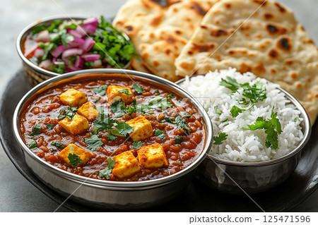 Indian Tiffin lunch box. Traditional Indian stainless steel tiffin with rice, dal, paneer curry and naan bread. 125471596