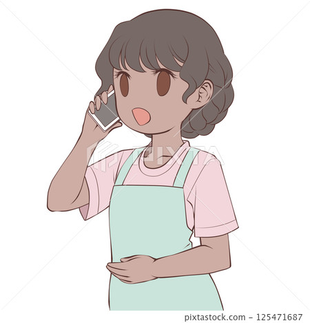 A dark-skinned woman wearing an apron making a phone call on her smartphone, smiling A dark-skinned woman wearing an apron making a phone call on her smartphone, smiling 125471687