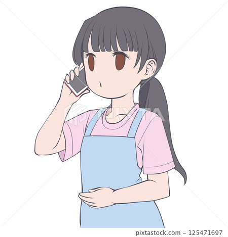 A black-haired woman wearing an apron making a phone call on her smartphone - Ringing A black-haired woman wearing an apron making a phone call on her smartphone - Ringing 125471697
