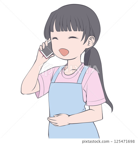 A black-haired woman in an apron making a phone call on her smartphone, smiling A black-haired woman in an apron making a phone call on her smartphone, smiling 125471698
