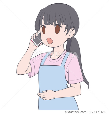 A black-haired woman in an apron making a phone call on her smartphone, smiling 125471699