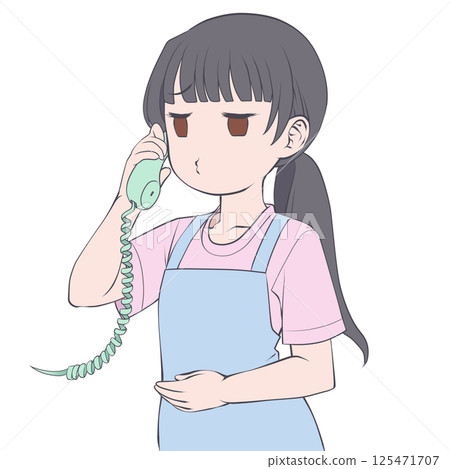 A black-haired woman in an apron talking on a phone, pouting A black-haired woman in an apron talking on a phone, pouting 125471707