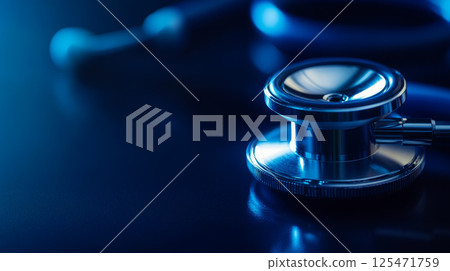 Close-up of a stethoscope with a blue background. 125471759