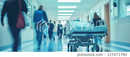 Hospital hallway with a gurney and blurred figures in motion. 125471760