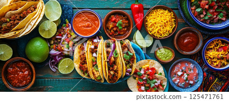 Mexican Taco Feast with Colorful Sides Mexican Taco Feast with Colorful Sides 125471761