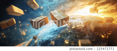 Futuristic Global Logistics Concept with Cardboard Boxes Floating Above Earth Futuristic Global Logistics Concept with Cardboard Boxes Floating Above Earth 125471771