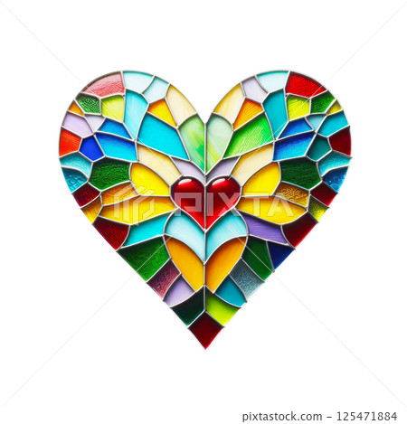 Colorful heart made in stained glass technique, white background, minimalism 125471884