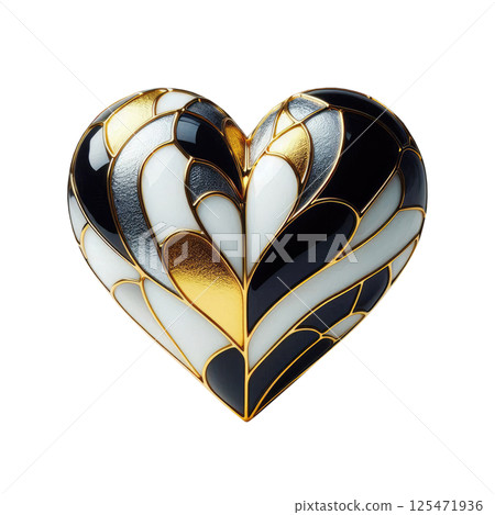 Heart made of black, gold and white stained glass, white background, minimalism Heart made of black, gold and white stained glass, white background, minimalism 125471936