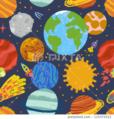Seamless space pattern with colorful planets and asteroids. Hand drawn doodle vector illustration. Seamless space pattern with colorful planets and asteroids. Hand drawn doodle vector illustration. 125472012