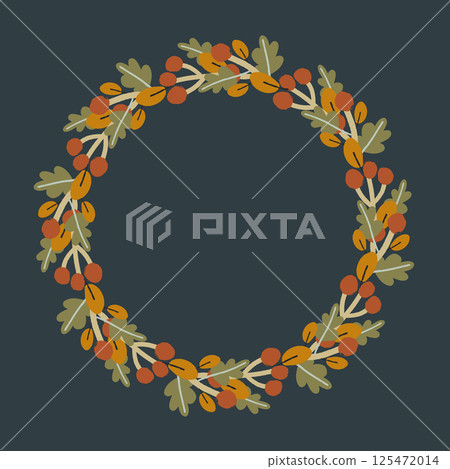 Round wreath of autumn orange and dark green leaves on a dark background. Round wreath of autumn orange and dark green leaves on a dark background. 125472014