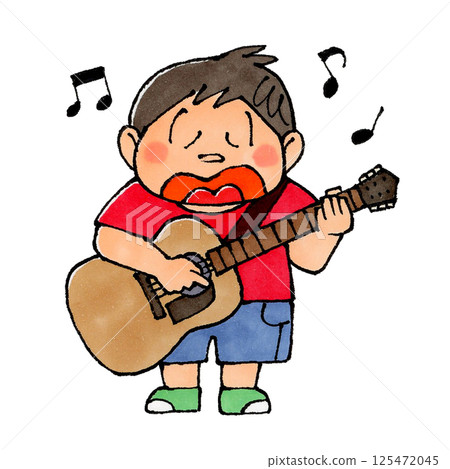 男孩一邊彈吉他一邊唱歌 125472045