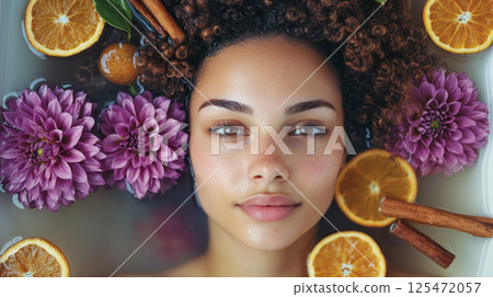 Tranquil Woman in Botanical Milk Bath with Purple Flowers Tranquil Woman in Botanical Milk Bath with Purple Flowers 125472057