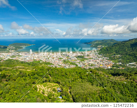 High angle view Patong bay at Phuket Thailand with mountains rainforest trees 125472216