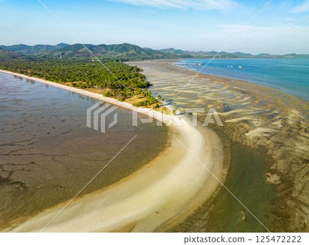 Aerial view of sandbar with turquoise sea at Laem had Koh khao yai Phang Nga Thailand, summer background and summer holiday concept Aerial view of sandbar with turquoise sea at Laem had Koh khao yai Phang Nga Thailand, summer background and summer holiday concept 125472222