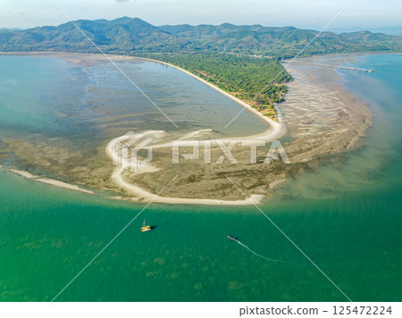 Aerial view of sandbar with turquoise sea at Laem had Koh khao yai Phang Nga Thailand, summer background and summer holiday concept 125472224