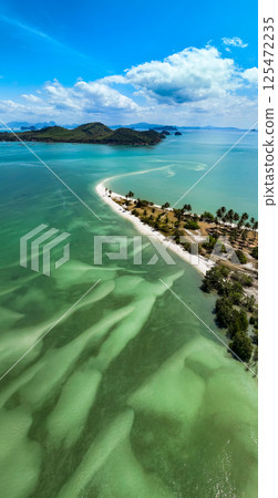 Aerial view of sandbar with turquoise sea at Laem had Koh khao yai Phang Nga Thailand, summer background and summer holiday concept Aerial view of sandbar with turquoise sea at Laem had Koh khao yai Phang Nga Thailand, summer background and summer holiday concept 125472235