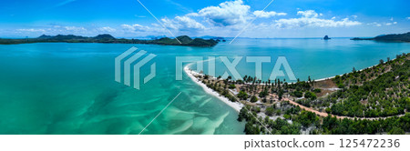 Aerial view of sandbar with turquoise sea at Laem had Koh khao yai Phang Nga Thailand, summer background and summer holiday concept 125472236