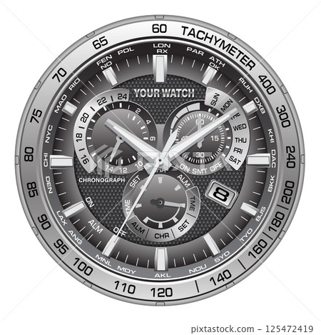 Realistic silver clock watch grey face chronograph luxury on white background vector 125472419