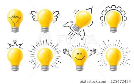 Yellow 3D Light Bulbs With Doodle Drawings 125472434