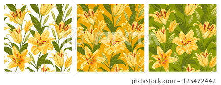 Yellow Tiger Lilies Seamless Pattern Set 125472442
