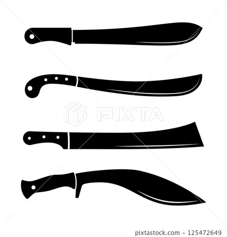 Set of Machete Silhouettes Vector Illustration. The collection highlights different types of machetes, showcasing various blade forms including a kukri style and a squared tip design. Set of Machete Silhouettes Vector Illustration. The collection highlights different types of machetes, showcasing various blade forms including a kukri style and a squared tip design. 125472649
