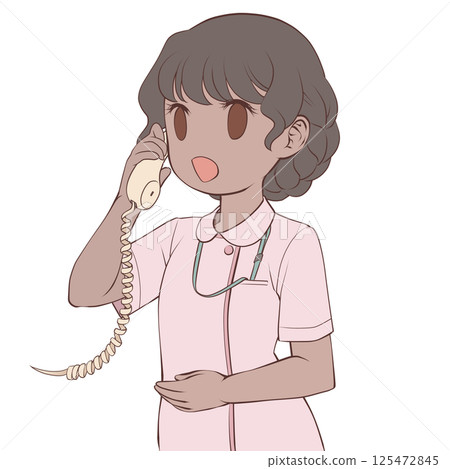 A dark-skinned female nurse talking on the phone, smiling 125472845