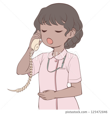 A dark-skinned female nurse talking on the phone - astonished 125472846