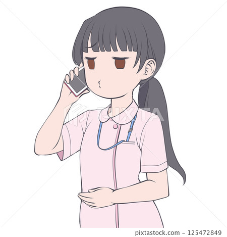 A black-haired female nurse making a phone call on her smartphone, pouting 125472849