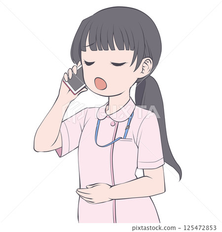 A black-haired female nurse making a phone call on her smartphone, amazed 125472853
