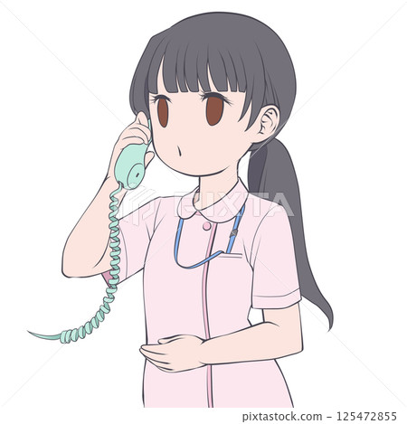 A black-haired female nurse talking on the phone, calling 125472855
