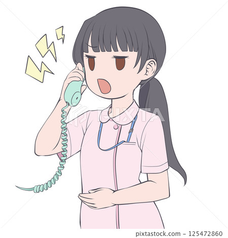 Angry black-haired female nurse talking on the phone Angry black-haired female nurse talking on the phone 125472860