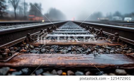 Rails disappearing into the mist, cool blue tones, concept of solitude and travel 125472901