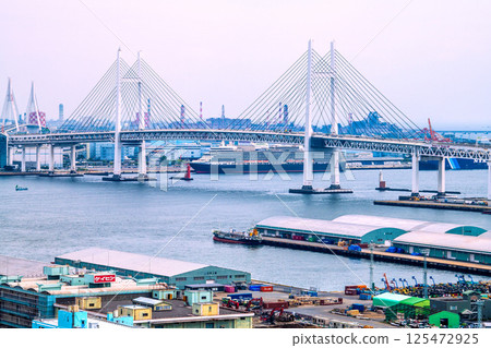 Yokohama cityscape in Japan, overlooking the luxury cruise ship Queen Elizabeth at Daikoku Pier (four luxury cruise ships in Yokohama) = April 26th 125472925