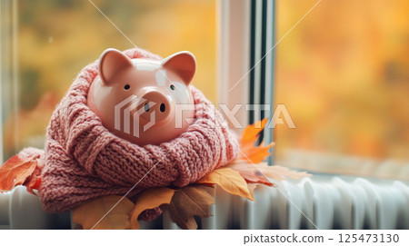 Piggy Bank Wrapped in Scarf with Autumn Leaves Piggy Bank Wrapped in Scarf with Autumn Leaves 125473130