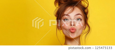Happy Young Woman Blowing a Kiss Against Yellow Background 125473133