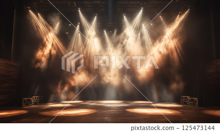 Concert Stage with Warm Amber Spotlights and Fog 125473144