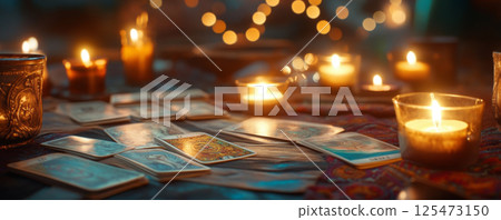 Tarot Cards and Candles on Mystic Table 125473150