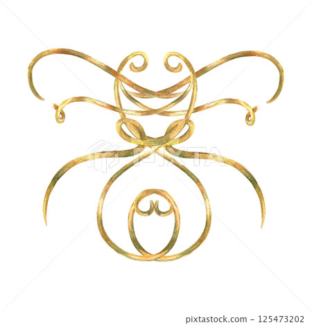 Gold ribbons ornament of vibrant collection. Curls, ribbons elements hand-painted in watercolor with gold paint accents. Isolate is presented for textiles, wallpaper, prints, packaging 125473202