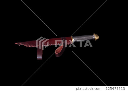 Bowie Knife in scabbard isolate over black 125473313