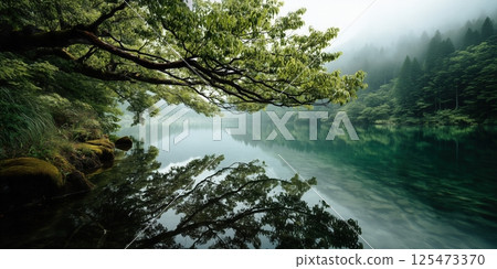 Deep green reflected on the lake surface after the July rain 125473370