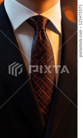 Close-up of a Black Silk Tie with Red Pattern in Warm Lighting 125473371