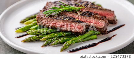 Grilled Medium-Rare Steak with Asparagus and Rosemary 125473378