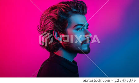 Stylish man in neon lighting with modern hairstyle 125473379