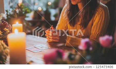 Woman Meditating Holding Lit Candle 125473406
