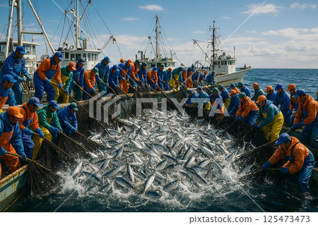 Fishermen and their boats catching a big catch Fishermen and their boats catching a big catch 125473473