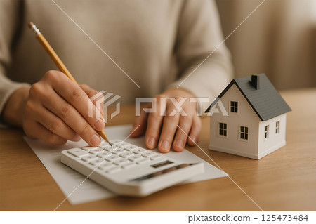 Hands and model calculating home purchase funds 125473484